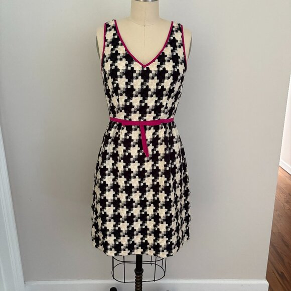 Trina Turk Dress Fit & Flare Sleeveless Black Off White Checkered Pink Trim Sz 2 - Picture 1 of 6